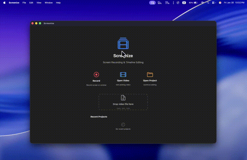 Screenize screen recording app showing auto-zoom following cursor clicks with timeline editor and click effects on macOS